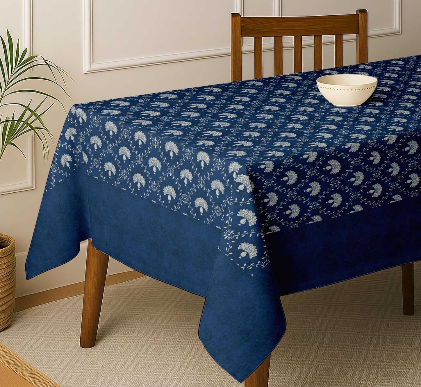 Floral Theme Cotton Tablecloth - Blue 54X54 Inch Dining Table Cover, Fits 4 to 6 Seater Tables, Strong Blue Stylish, Machine Washable, Perfect for Family Meals, Parties