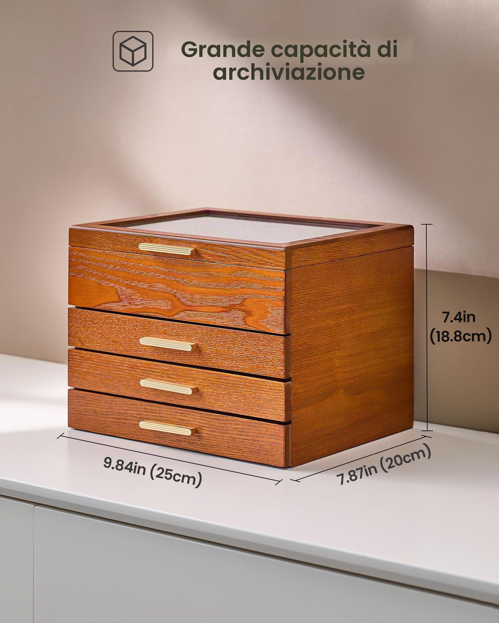 Lolalet Portagioie Donna Grande in Legno a 4 Livelli con Finestra Trasparente - Scatola di Gioielli con Rivestimento in Lino per Collane, Braccialetti, Anelli e Orecchini - Ciliegia