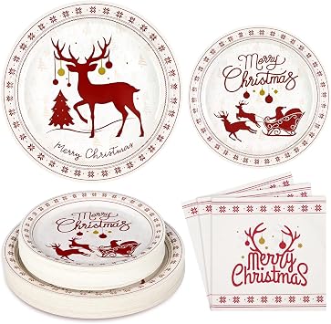 Homlouue Merry Christmas Paper Plates and Napkins, Reindeer Christmas Party Supplies Holiday Paper Plates for Christmas Party Xmas Decor, Paper Dinnerware Set Serve 50 Guests, Modern Simple Design