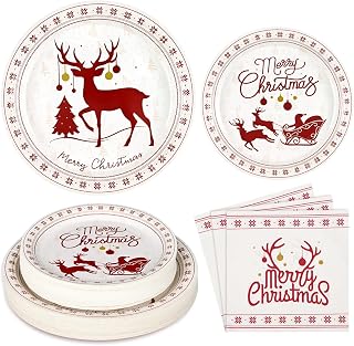 Homlouue Merry Christmas Paper Plates and Napkins, Reindeer Christmas Party Supplies Holiday Paper Plates for Christmas Party Xmas Decor, Paper Dinnerware Set Serve 50 Guests, Modern Simple Design