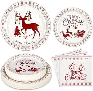 Homlouue Merry Christmas Paper Plates And Napkins, Reindeer Christmas Party Supplies Holiday Paper Plates For Christmas Party Xmas Decor, Paper Dinnerware Set Serve 50 Guests, Modern Simple Design - View #5