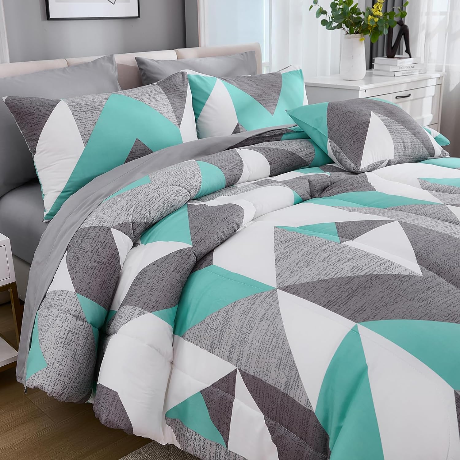 Bedbay Teal Grey Queen Comforter Set with Sheets 8 Pcs Queen Bed in a Bag Modern Geometric Chevron Print Luxury Western Bedding 1 Comforter 4 Pillowcases 1 Flat Sheet 1 Fitted Sheet 1 Cushion Cover - Image 8