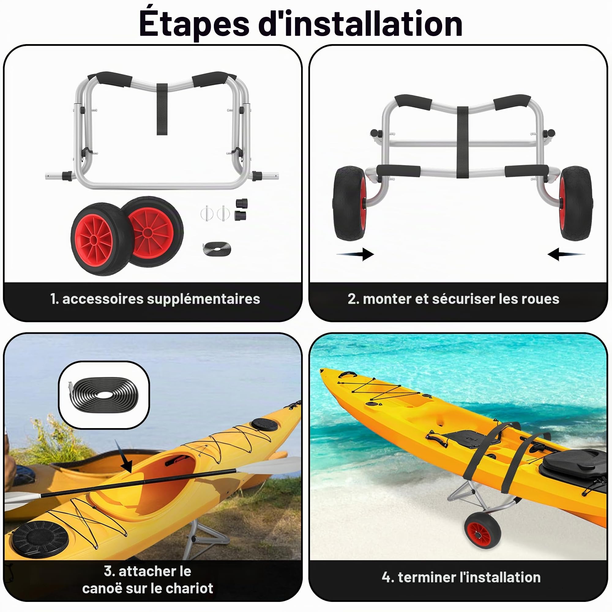 UISEBRT Chariot de transport pliable en aluminium avec sangles de 3 m pour canoë, kayak, bateau pneumatique, capacité de charge jusqu'à 100 kg