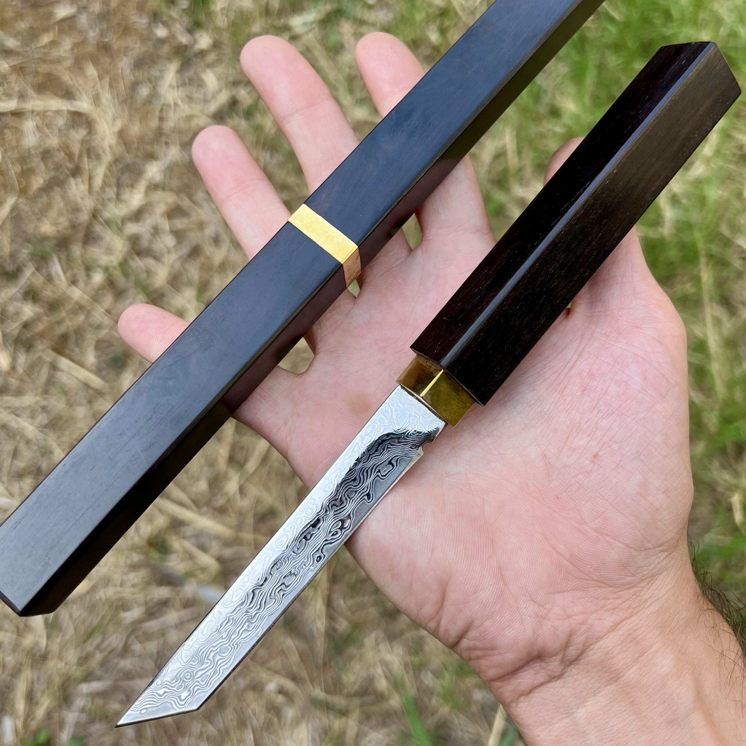 couteau lame fixe acier damas tanto style japonais étui intégral bois d'ébène edc custom collection forge artisanat cadeau homme fête père camping tranchant original randonnée