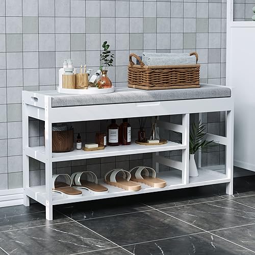 Miniatura 4 de HIFIT Banco de zapatos de bambú con almacenamiento, banco de almacenamiento de entrada con asiento acolchado, estante para zapatos para entrada,