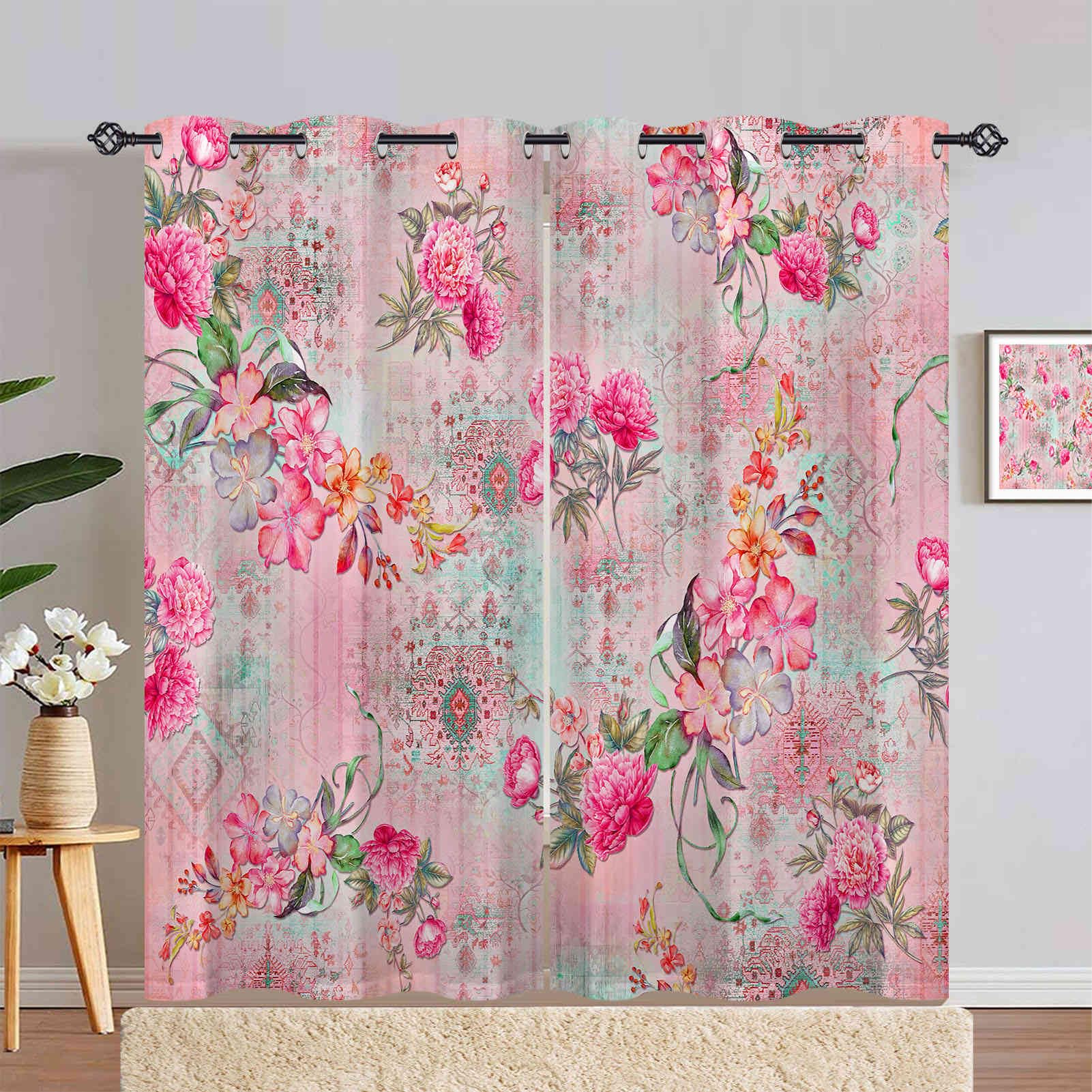 ANHOPE Flower Curtains Eyelet Blackout Room Darkening Curtains Watercolor Plant Floral Print Pattern Light Blocking Window Drapes for Bedroom Living Room 46 x 90 Inch Drop 2 Panels