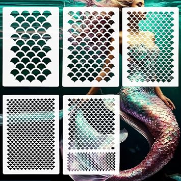 5Pcs Mermaid Stencils Fish Scale Painting Templates for Face, Body, Walls & DIY Crafts Reusable Makeup Stencils for Halloween, Parties & Home Decor 8 x 6 Inches