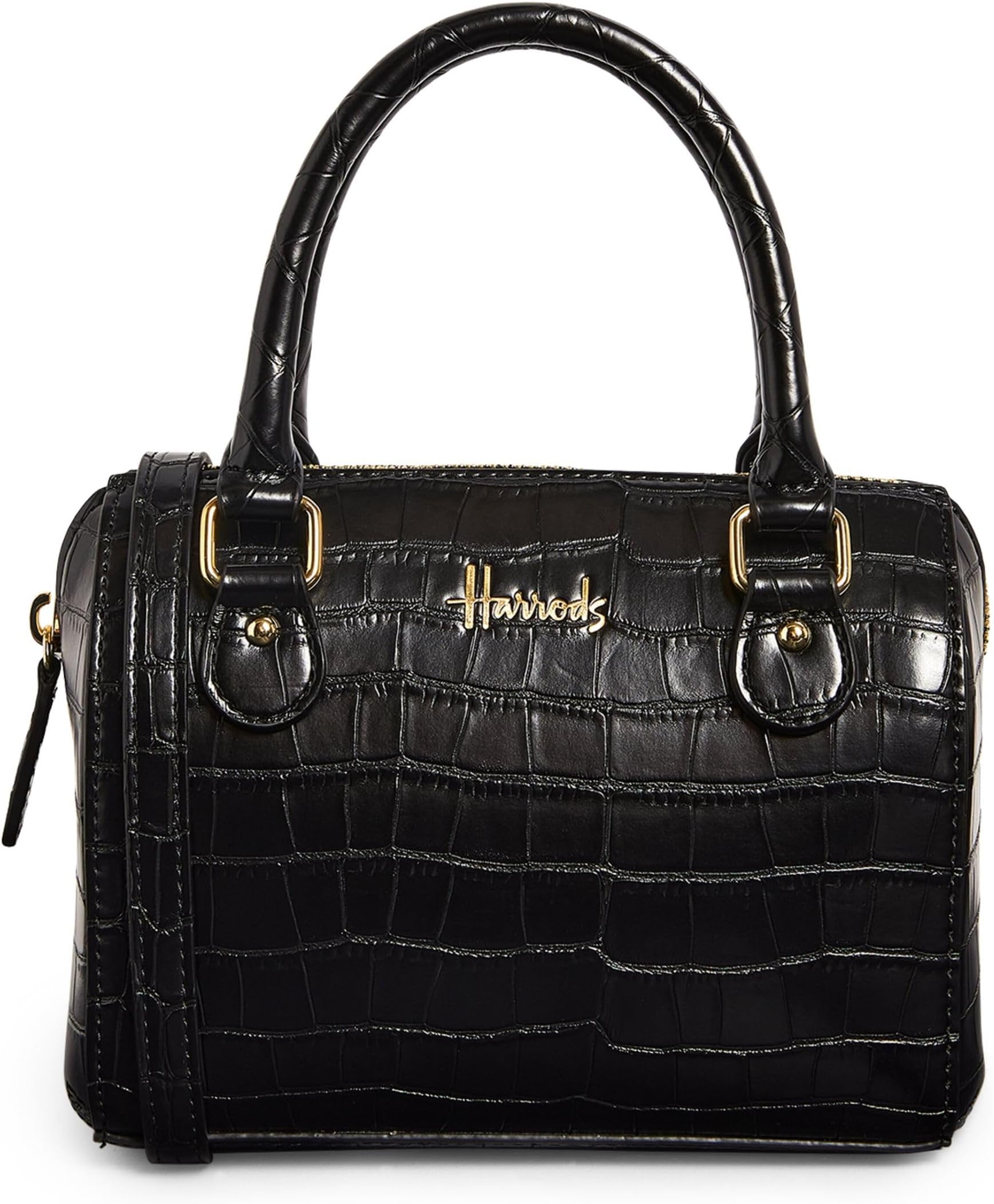 HARRODS Mini Croc-Embossed Barrel Bag Black Size: H15cm x W17cm x D8cm