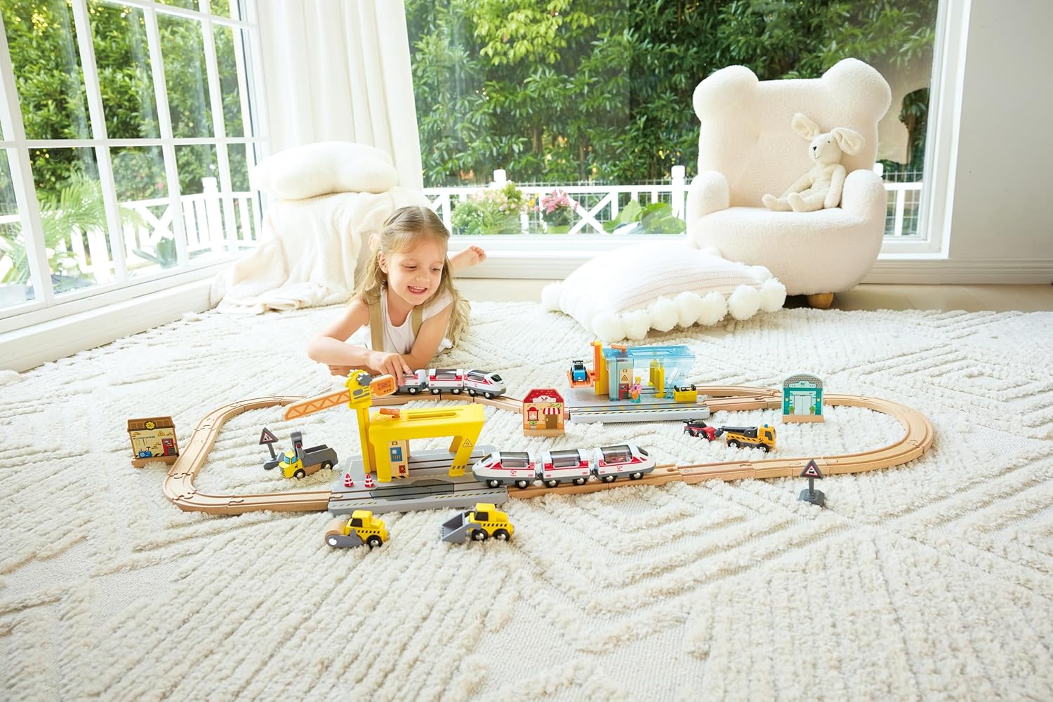 Hape Railway Crane Construction Set – Wooden Train Track Accessory with Crane, Loader, Dump Truck & Steam Roller – STEM Educational Building Toy for Kids Ages 3+