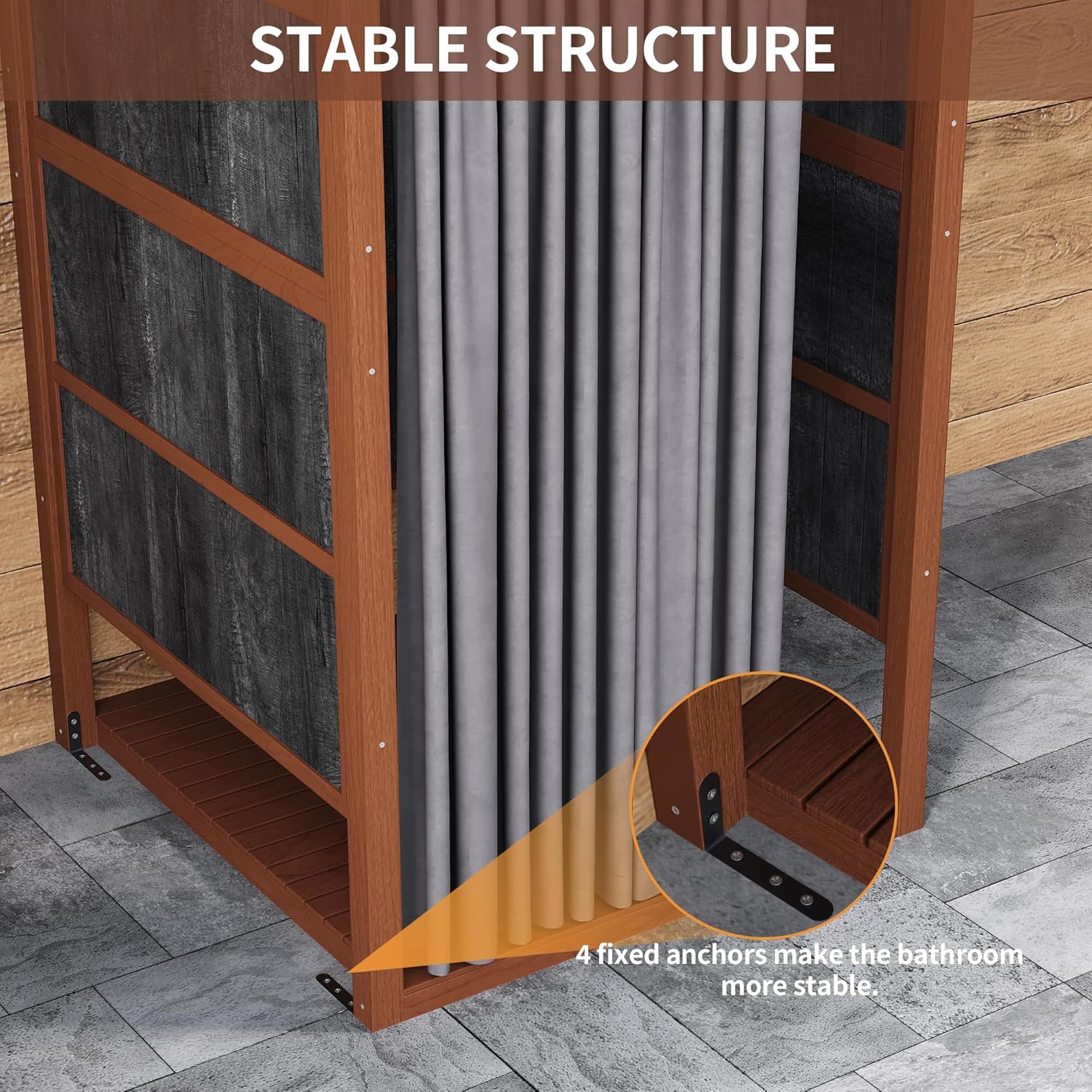 Outdoor Shower Enclosure with Shower Mat & Curtain, Solid Wood Privacy Outside Shower Stall, Outdoor Changing Room for Pool Wash Station, Patio or Beach Rinse Station