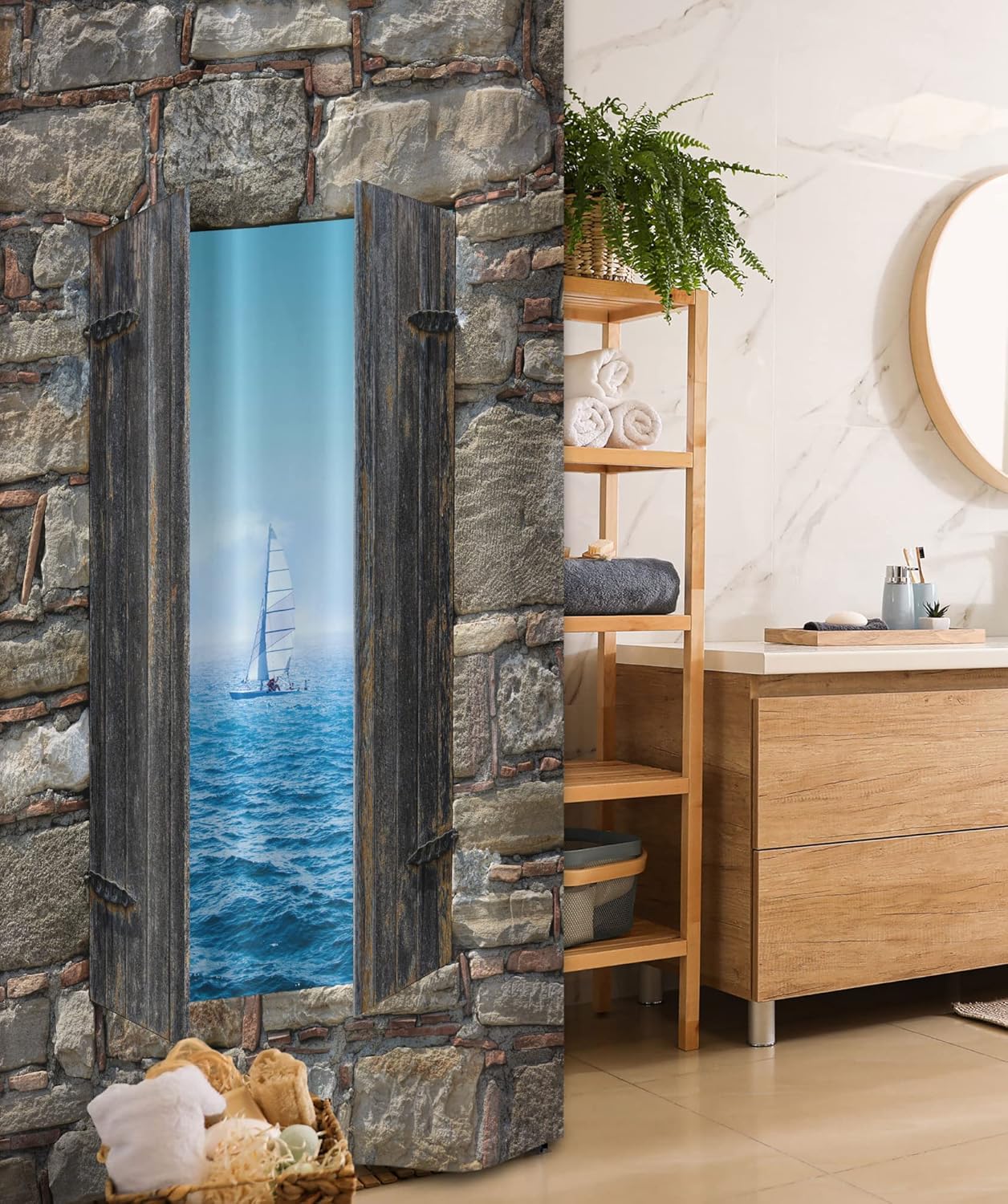Ambesonne Nautical Stall Shower Curtain, Image of a Sailing Boat from Stone Window Narrow Perspective Idyllic Mediterranean, Fabric Bathroom Decor Set with Hooks, 36" W x 72" L, Grey Blue