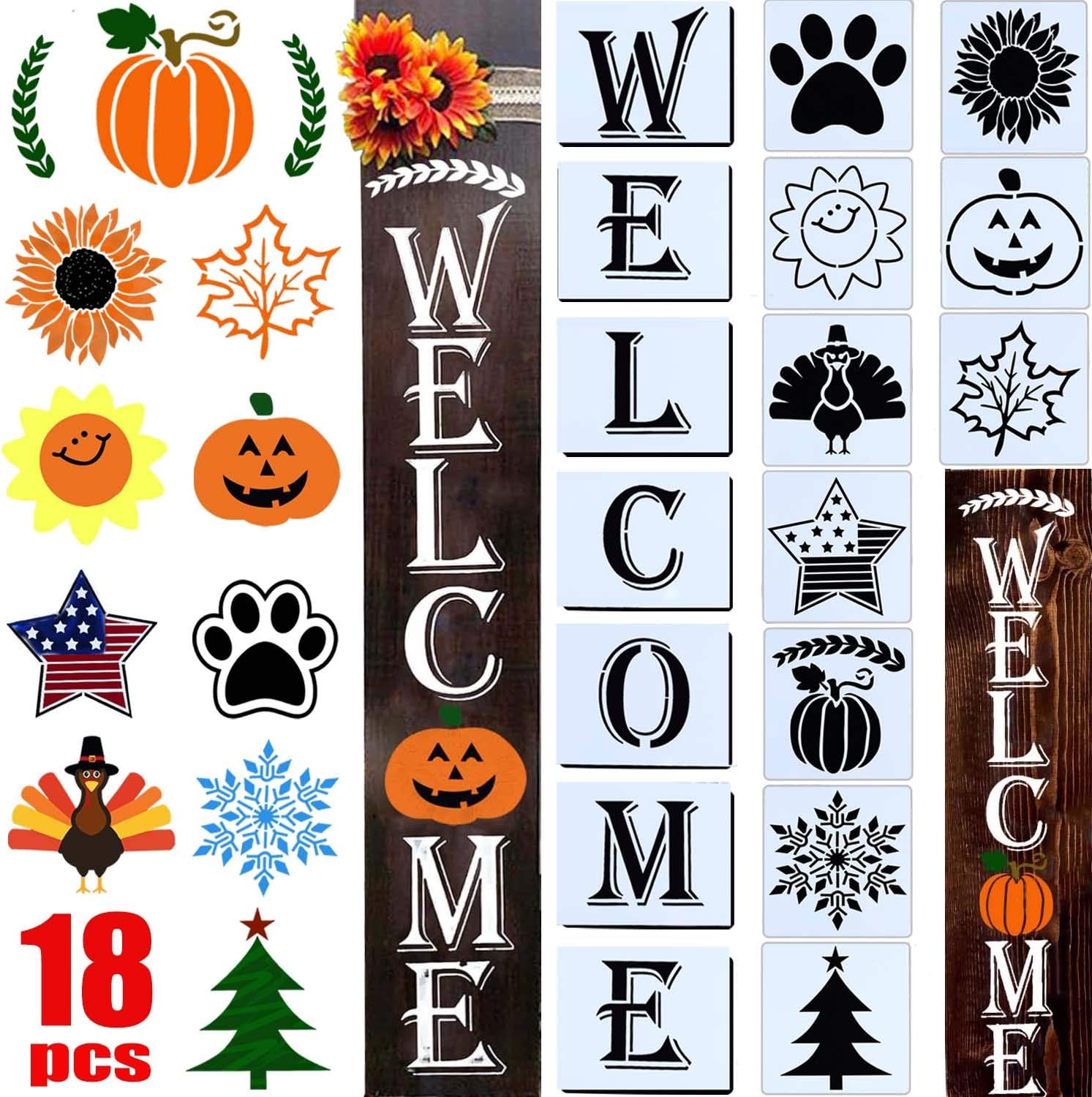 18 PCS Welcome Stencil for Painting on Wood,Home Sign Stencils Reusable Porch Sign and Front Door Vertical Welcome Comes with Stencil-Sunflower,Dog Paw and orther Pattern (Style 1)