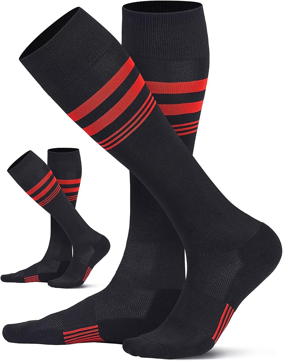 CS CELERSPORT Calcetines deportivos hasta la rodilla de fútbol a rayas para niños, jóvenes y adultos | Paquete de 2 calcetines de fútbol y béisbol de softbol sobre la pantorrilla para hombres y mujeres