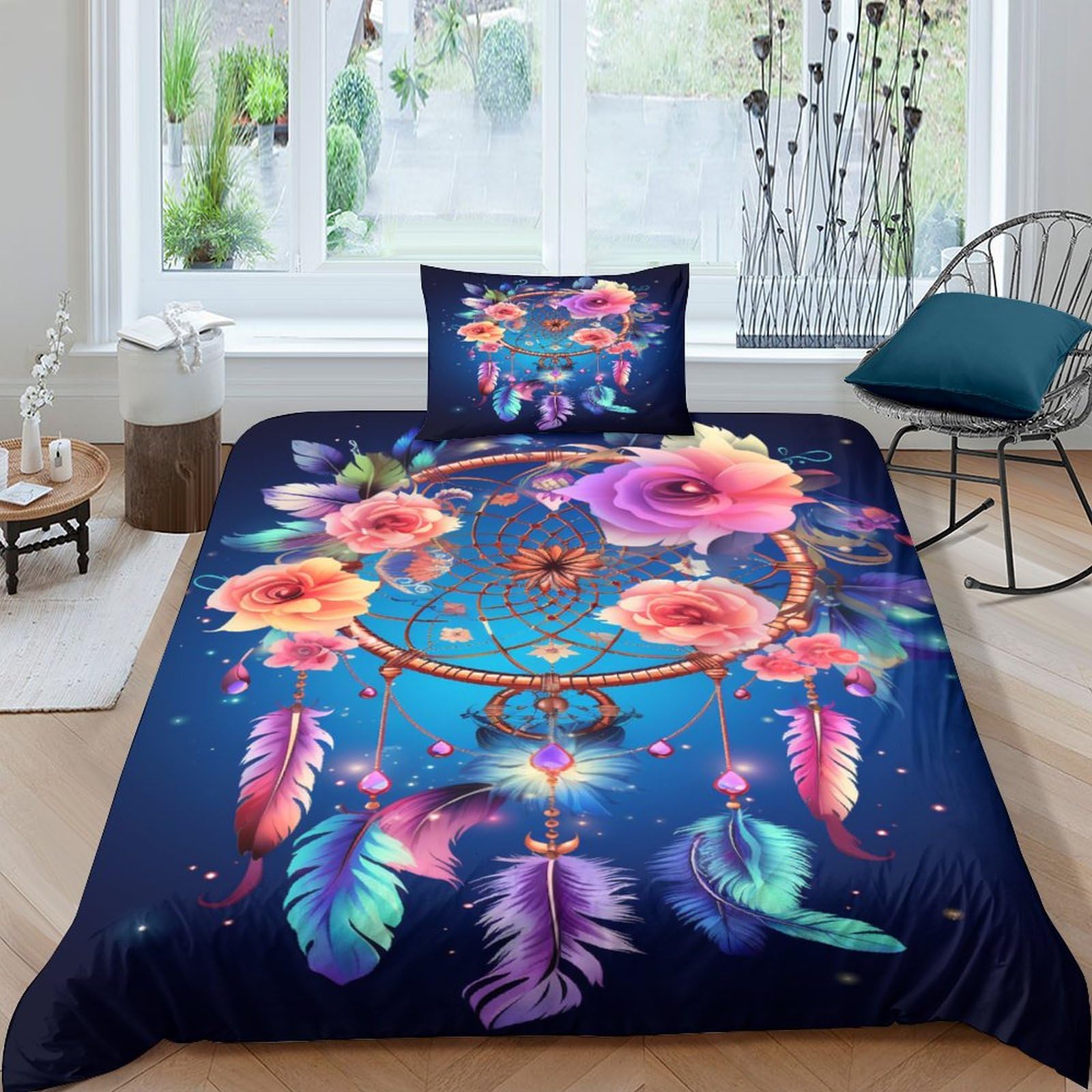 Housse de couette fleurs et plumes 3D pour transformer votre chambre en oasis bohême chic