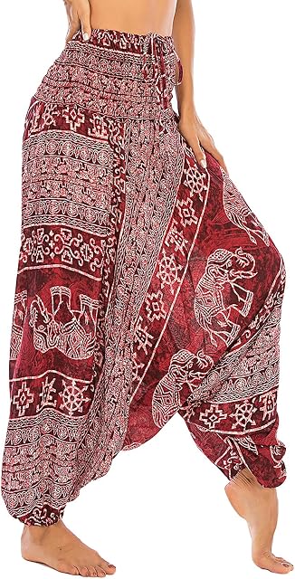 Women's Harem Fisherman Trousers Patterned Off The Shoulder Jumpsuit Baggy Romper High Waist Comfy Pants Summer Beach