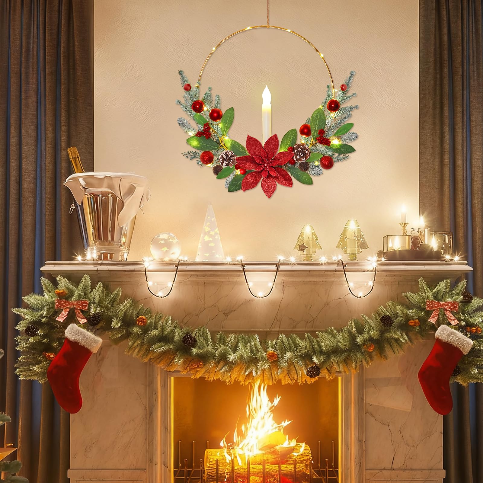 Betylifoy Weihnachtskranz für Haustür, 40,6 cm, roter Weihnachtskranz mit LED-Kerzenlichtern, Weihnachtskränze für Haustür, Fenster, Kamin, Weihnachtsdekoration, Rot, 2 Stück
