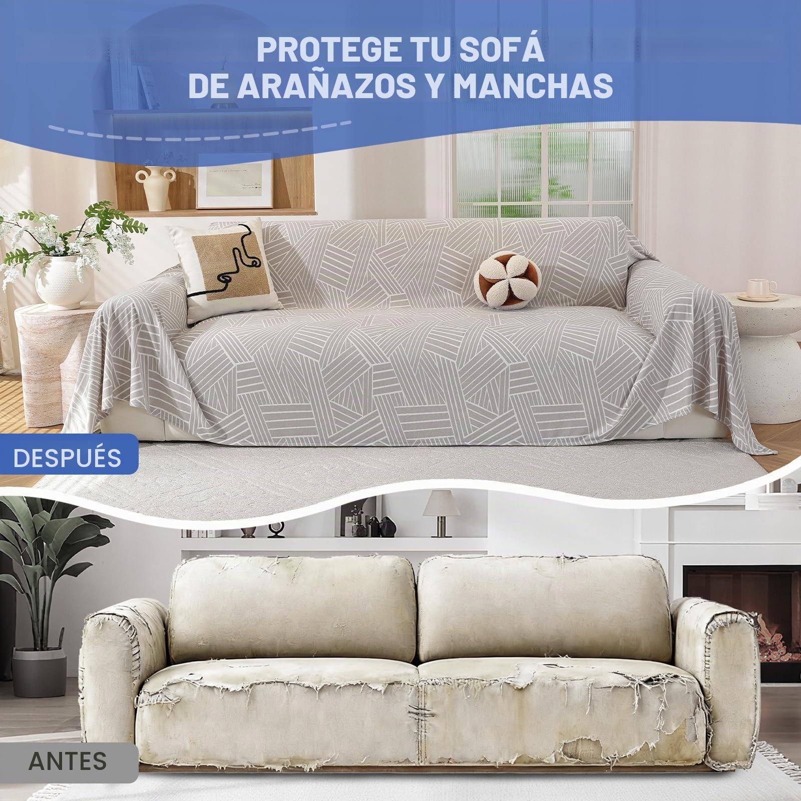 Ystyle Funda Sofa 4 Plazas, 200x380 CM, Cubre Sofa Antideslizante, Fundas para Sofa Antimanchas, Manta Cubre Sofa Grande, Protector De Sofa AntiarañAzos Gatos Perros, Sofa Cover, Gris Claro
