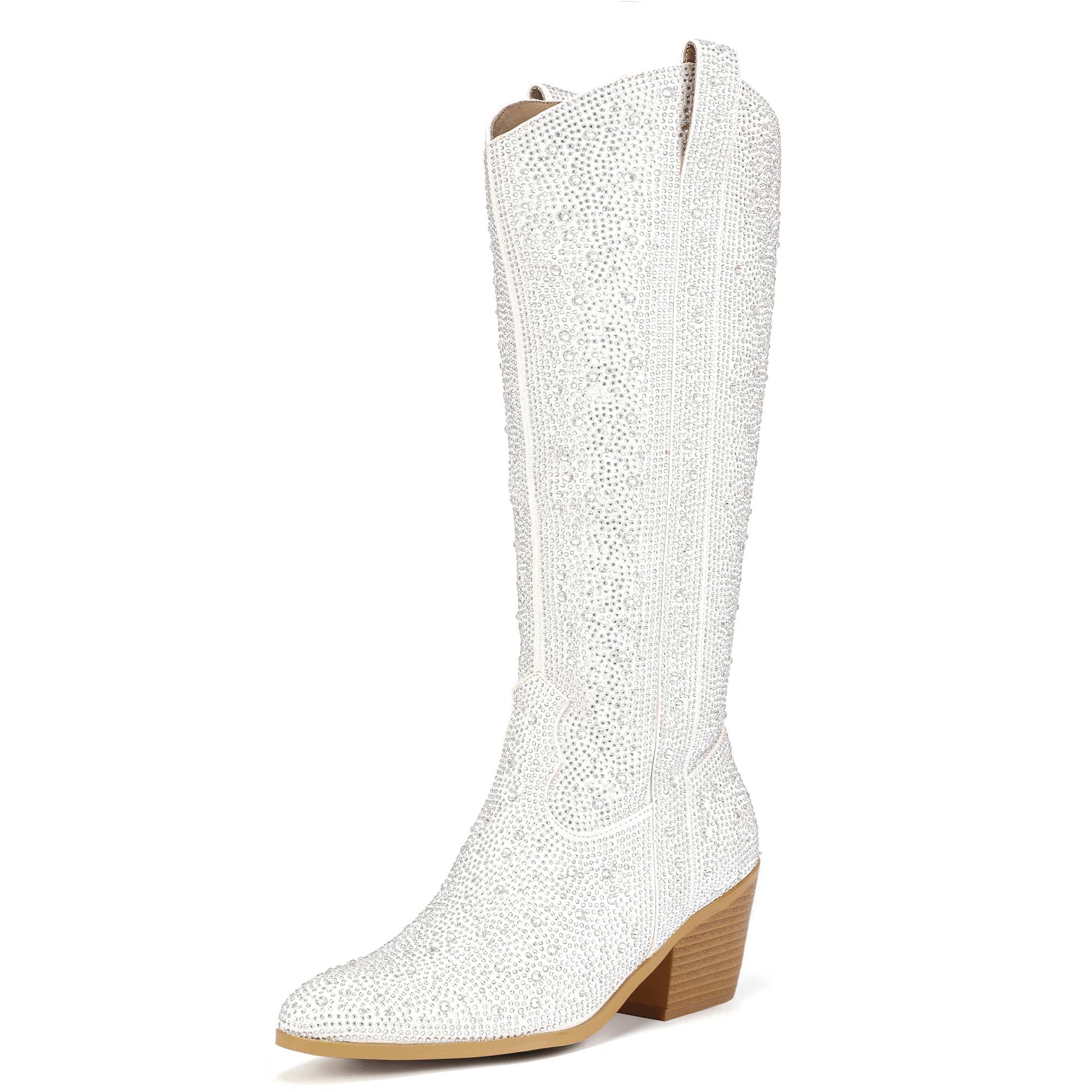 IDIFU IN3 Rhinestone Cowboy Boots For Women Knee High Western Cowgirl Boots Pointed Toe Block Chunky Heels Sparkly