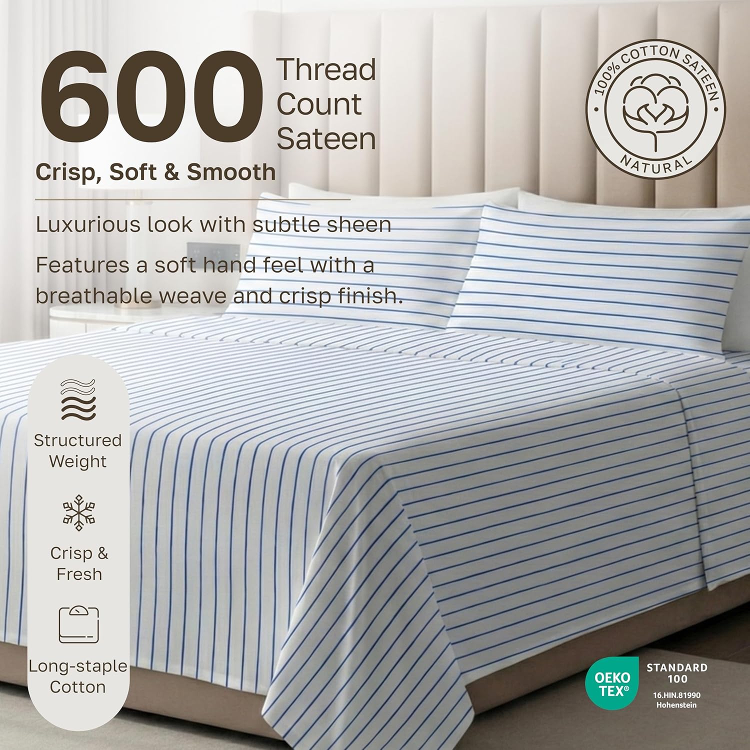 California Design Den Printed Striped Sheets Twin Size Bed Set - 600 Thread Count Sateen, Premium 100% Cotton Sheets with Deep Pockets - Classic Blue Stripe Print - Image 2