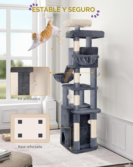 Foto 4 de 8 de Hzuaneri 185 cm Rascador para Gatos, Árbol para Gatos, Multinivel con 2 Plataformas, 3 Cuevas