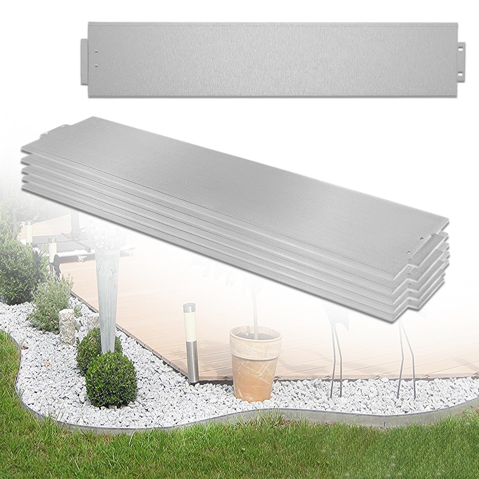 FIVMEN 40M Borde de Césped Bordura para Jardín de Metal Galvanizado Borde de Plástico con Hebilla Cercado para Jardín de Corte Flexible, Plata (40 Piezas, 100 x 15 cm)