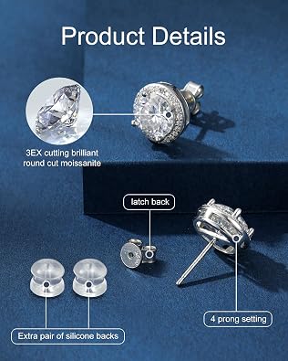 Moissanite Earrings Studs for Women, Round Cut D Color VVS1 Clarity Lab Created Moissanite Earrings Studs 18K White Gold Plated 925 Sterling Silver Earrings Jewelry Engagement Gifts for Women Men