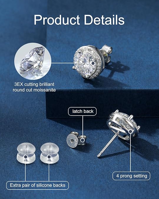Moissanite Earrings Studs for Women, Round Cut D Color VVS1 Clarity Lab Created Moissanite Earrings Studs 18K White Gold Plated 925 Sterling Silver Earrings Jewelry Engagement Gifts for Women Men
