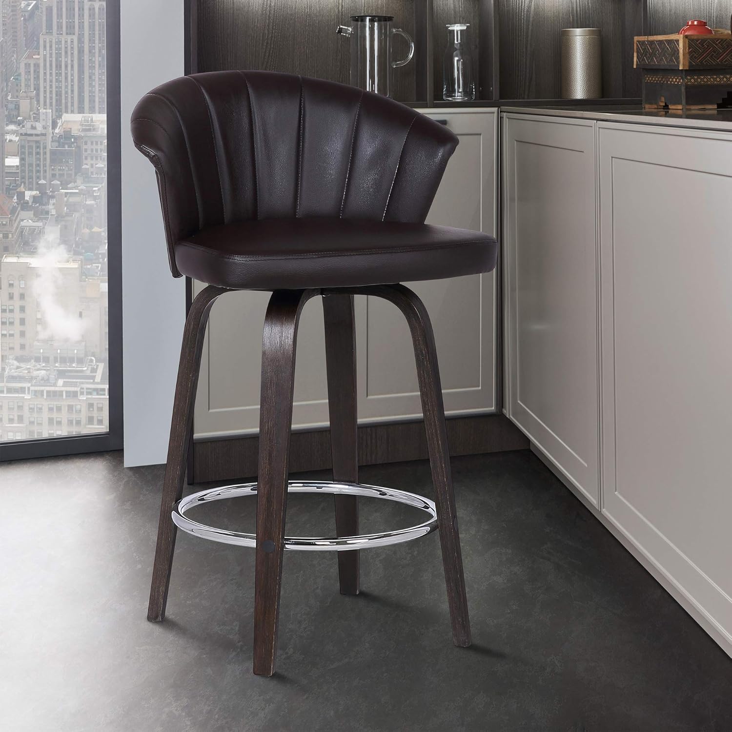 Armen Living Ashley Mid-Century Faux Leather Kitchen Barstool, 30" Bar Height, Brown
