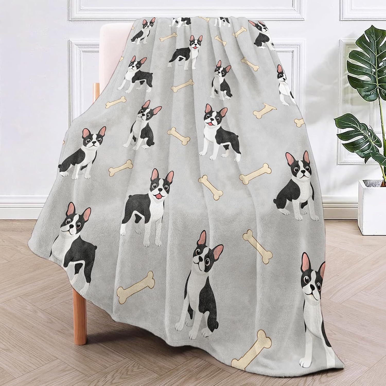 Boston Terrier Flannel Throw Blanket Cartoon Dog and Bone Decor for Teens Adults Puppy Lovers Cozy Lightweight Adorable Pet Fleece Blankets Bedroom Couch Dorm Camping Travel Gifts, 50x60inch image 2