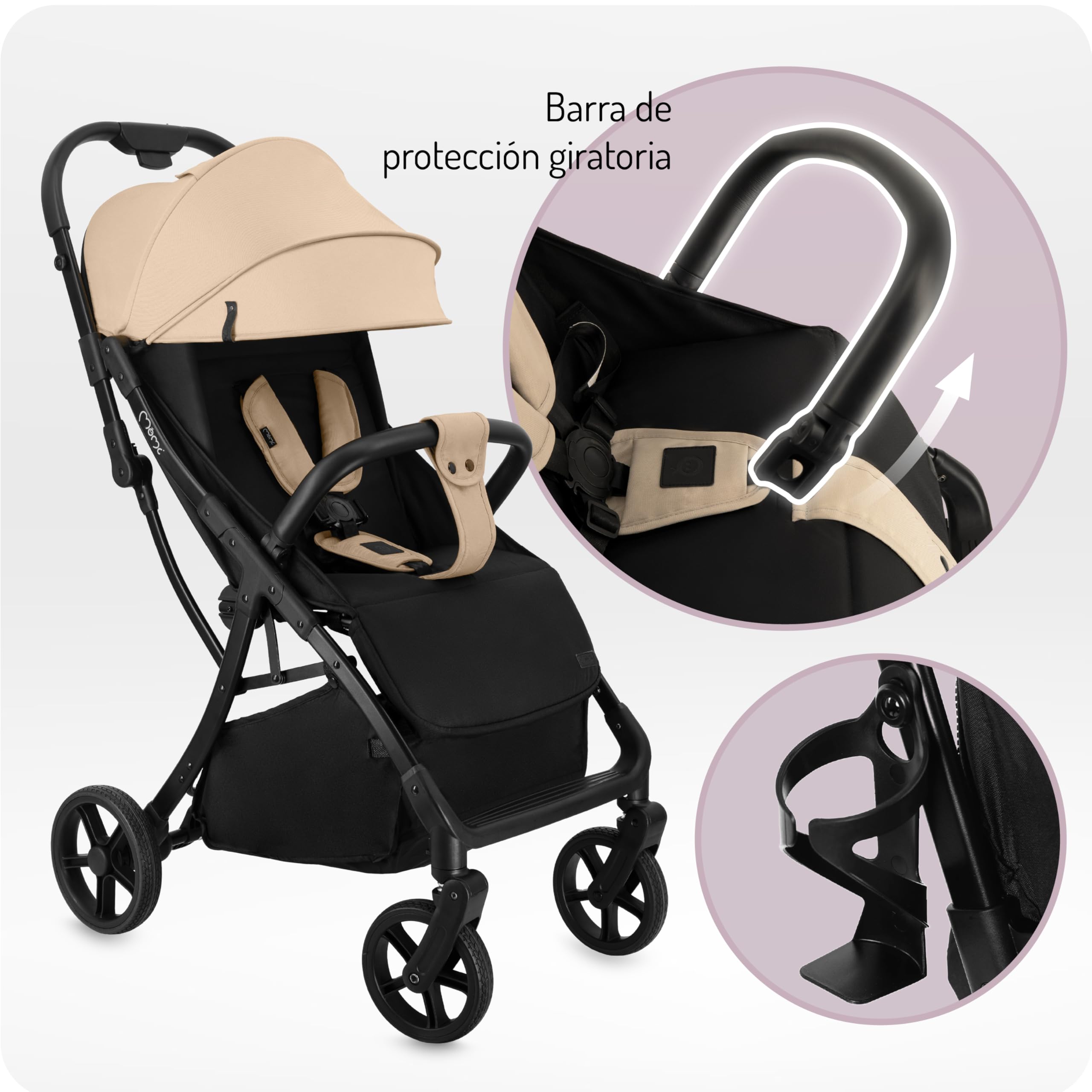 MoMi PAOLA Silla de Paseo Ligera y Compacta hasta 22 kg, Plegado Automático, Arnés de 5 Puntos, Ruedas con Suspensión, Cesta de Almacenamiento, Portavasos