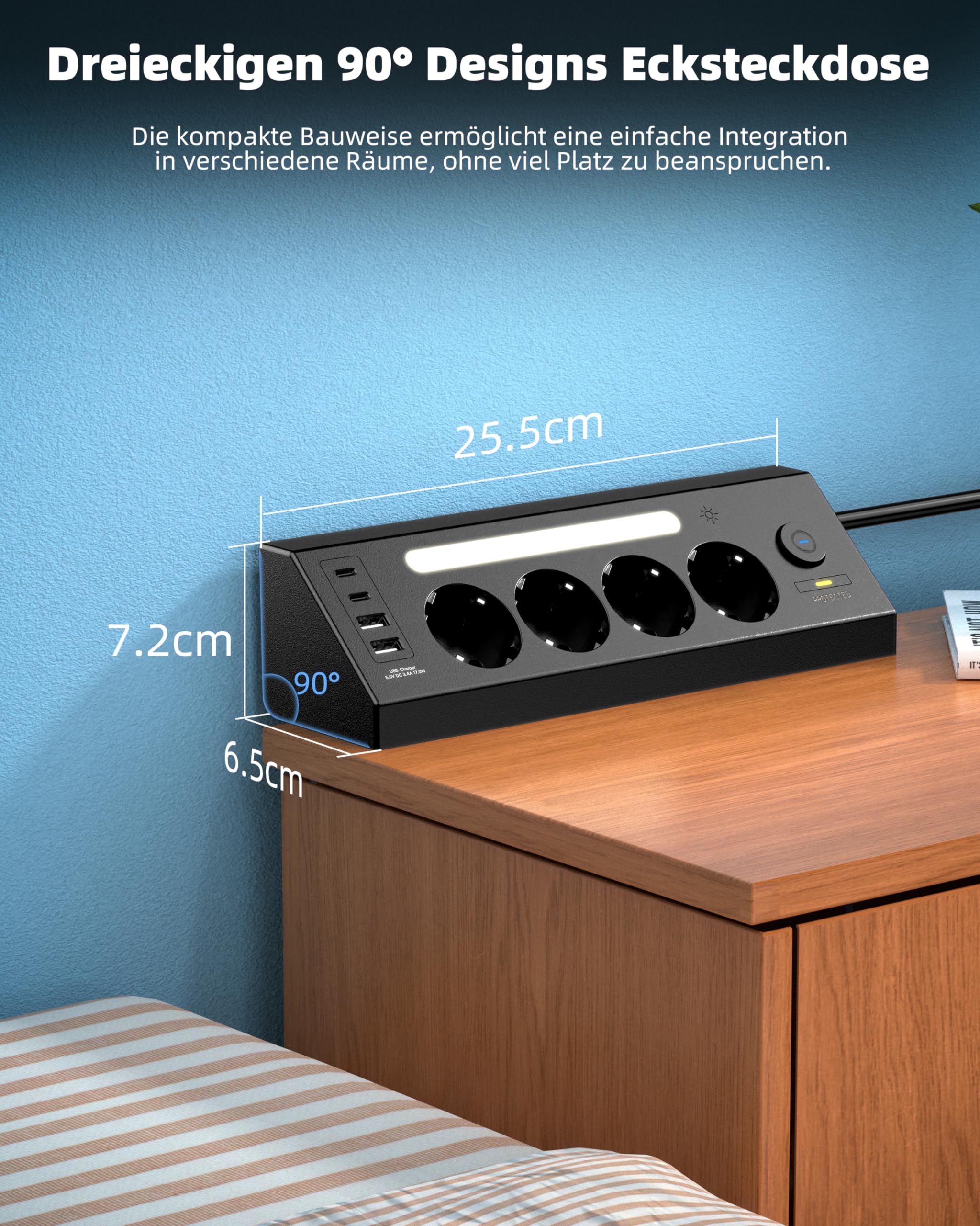 AORIDO Listwa narożna z 4 gniazdami wtykowymi, 2 USB i 2 gniazdami stołowymi typu C, 90° z 2 przełącznikami, listwa zasilająca z ochroną przeciwprzepięciową, do montażu na ścianie z diodami LED, kabel