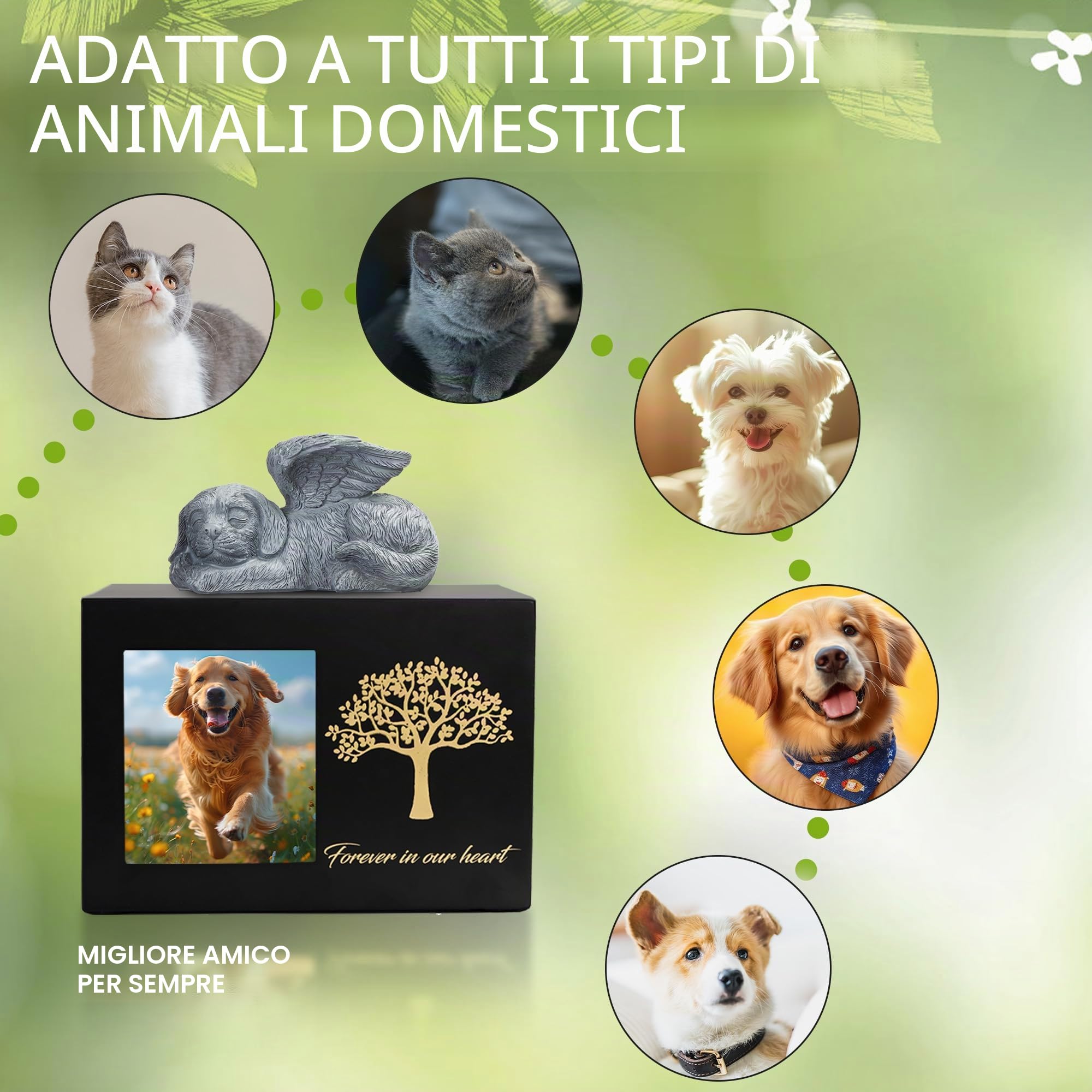 Urna per le ceneri di cane, modello di albero in legno nero con cornice per foto, scatola dei ricordi con statua di cane in resina e sacchetti sigillati per la conservazione (25kg)