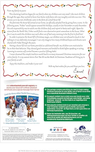 Vista 18 de The Elf on The Shelf: una tradición navideña: un elfo explorador con ojos marrones. Incluye libro de cuentos, caja de recuerdos y certificado