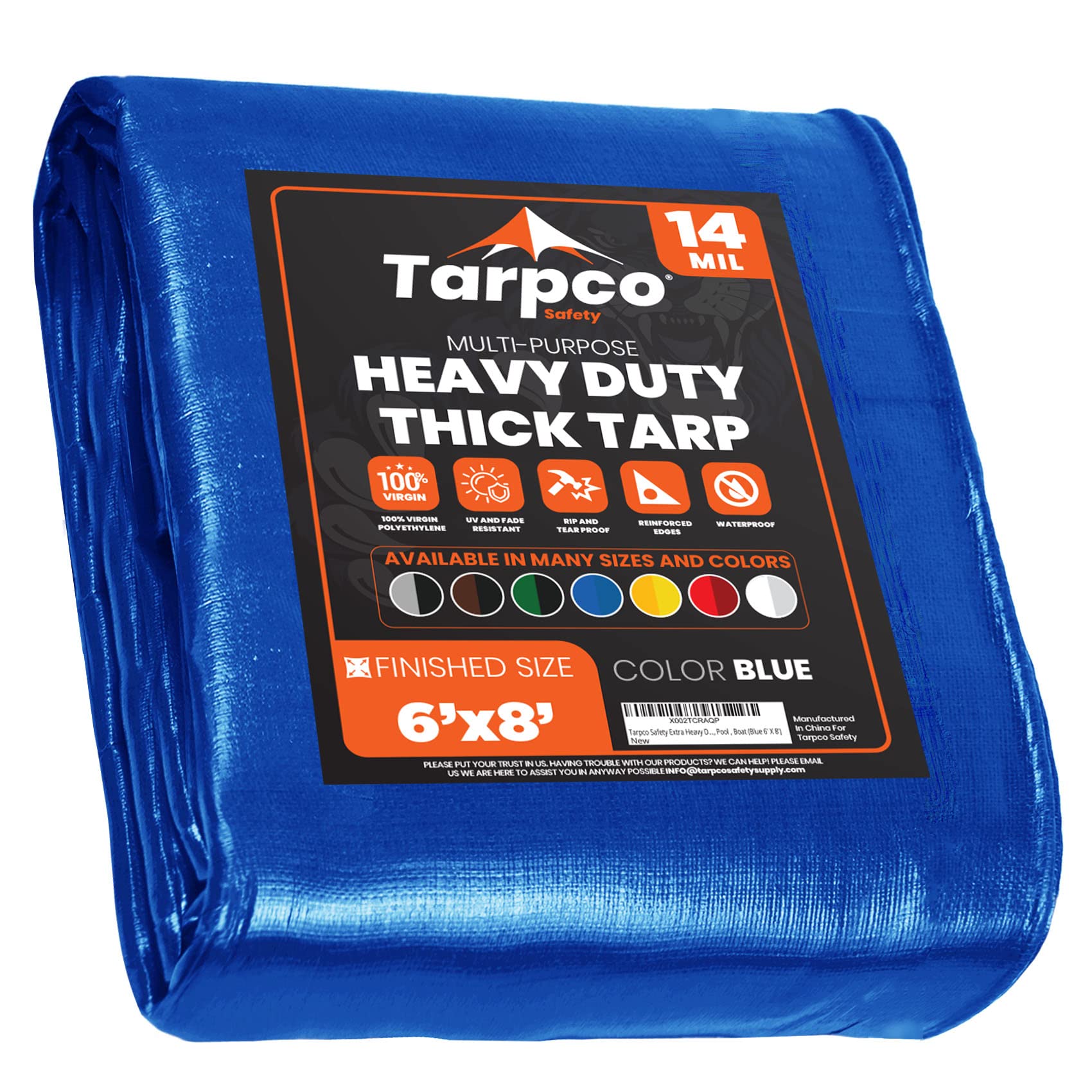 Tarpco Safety Extra Heavy Duty 14 Mil Tarp Cover, Waterproof, UV Resistant, Rip and Tear Proof