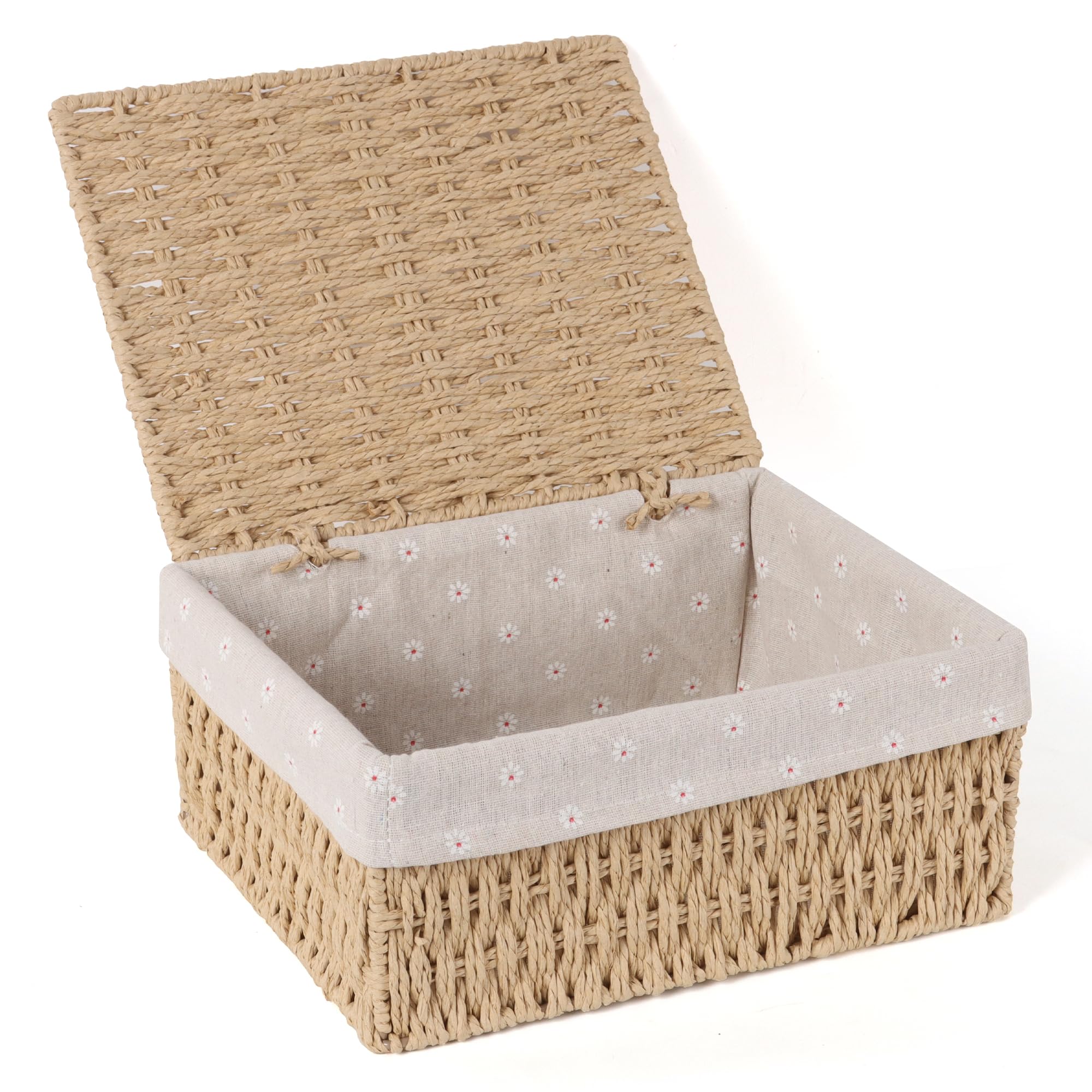 FEILANDUO Canastas de mimbre con tapa, cestas de cuerda de papel tejidas a mano para organizar, cesta rectangular para almacenamiento, cajas de escritorio con tapas, organizador para el hogar, grande