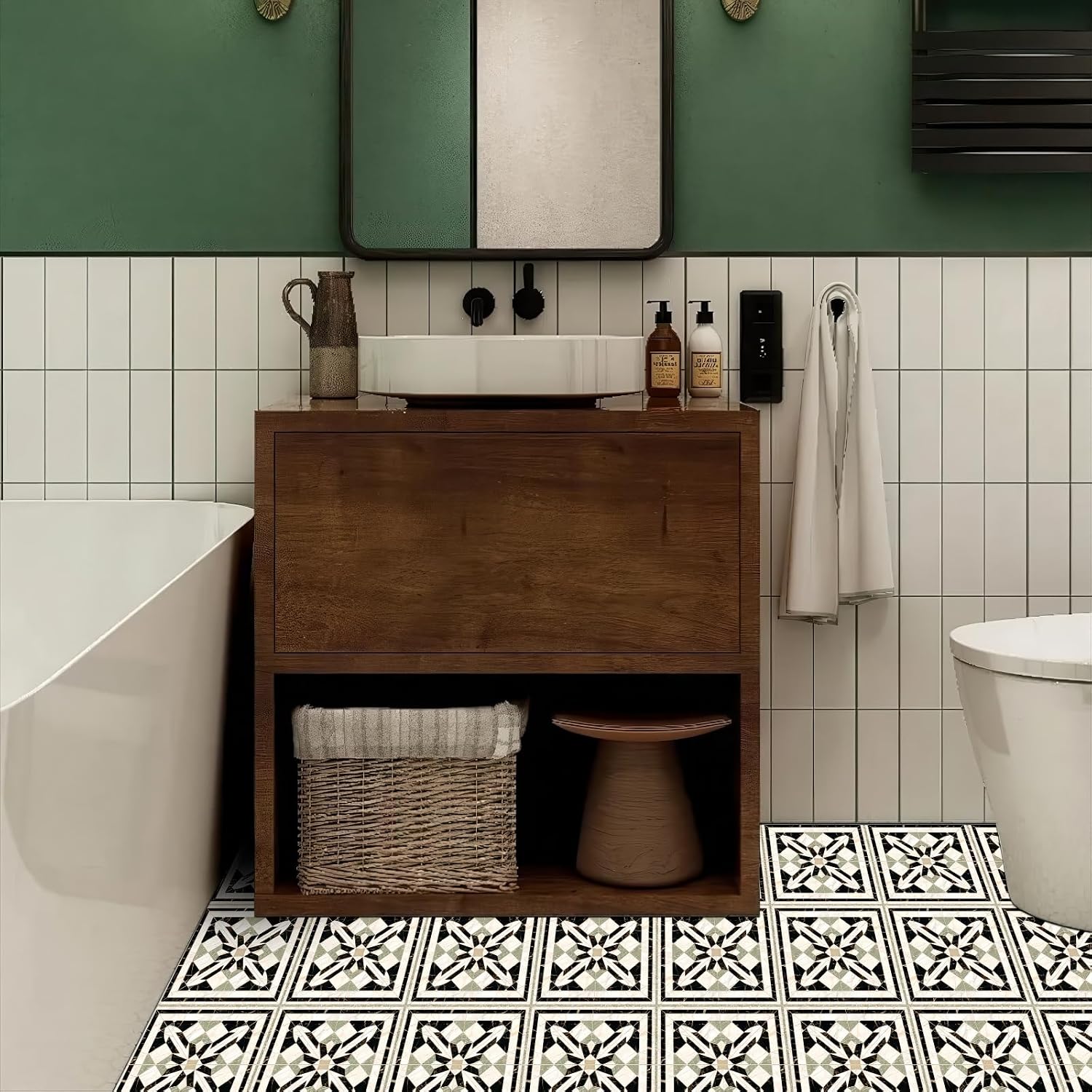 HOMETITUTE 10PCS 12x12 Inch Vintage Black White Green Inlay Marble Look Floor Tiles Peel and Stick Removable Self Adhesive DIY Vinyl Flooring Stickers for Kitchen Bathroom Living Room Entryway Decor