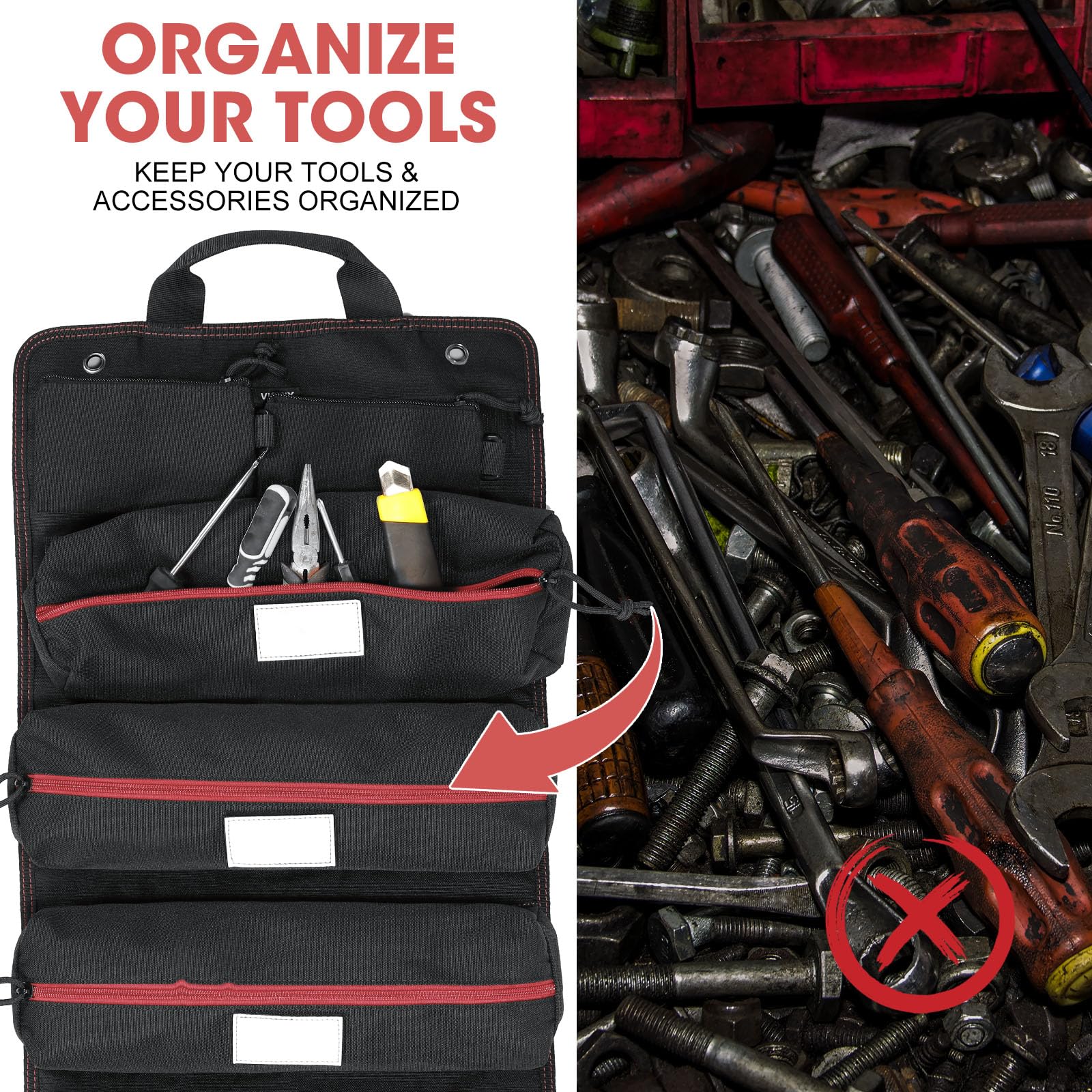 VISMIX Heavy Duty Roll Up Tool Bag Organizer With 6 Labeled Pouches - Large Tool Roll For Electricians, Mechanics, DIY