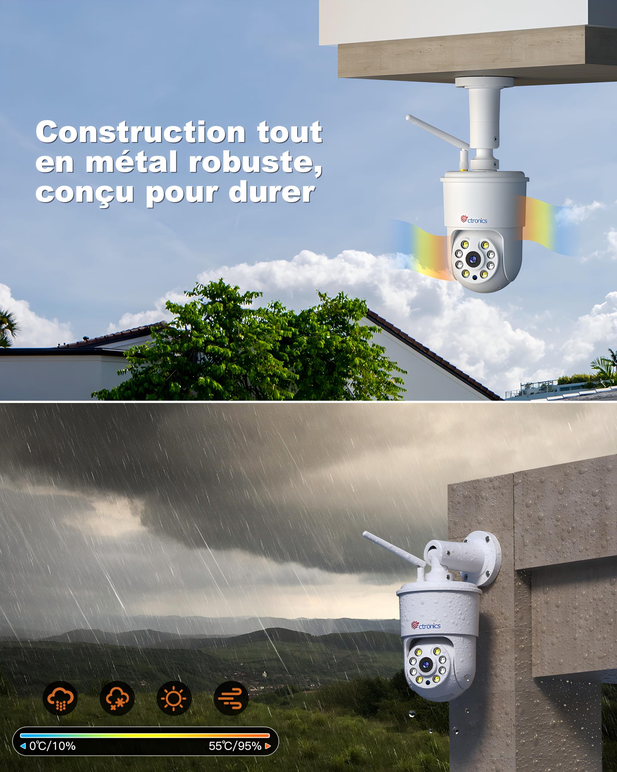 Ctronics 4K Caméra Surveillance WiFi Extérieure, Suivi Automatique, 256GB SD/Cloud, NVR/FTP, 2.4/5Ghz WiFi, Détection Humaine/Véhicule/Animal, Vision Couleur, PC/Smartphone, 24/7【Tout-Métal】