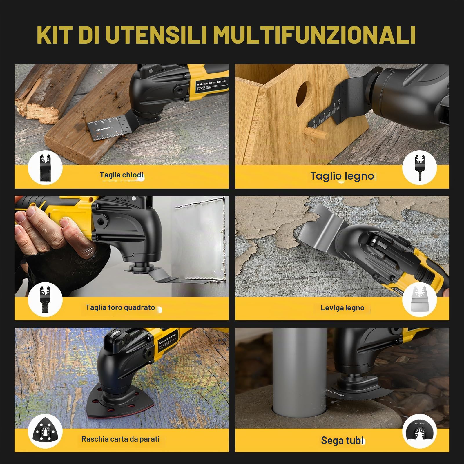 Utensile oscillante a batteria per batteria Dewalt 18V 20V (senza batteria) Kit di utensili oscillanti senza spazzole con 6 velocità variabili, rimovibile e raschiante, con 23 accessori
