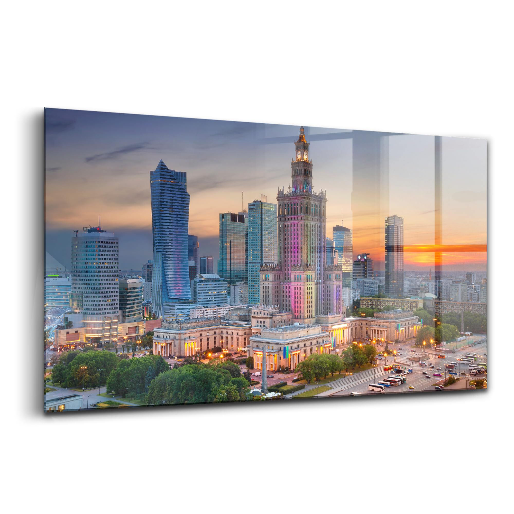 Tableau en verre Varsovie Sunset de Wallfluent - Décoration murale moderne 120x60cm
