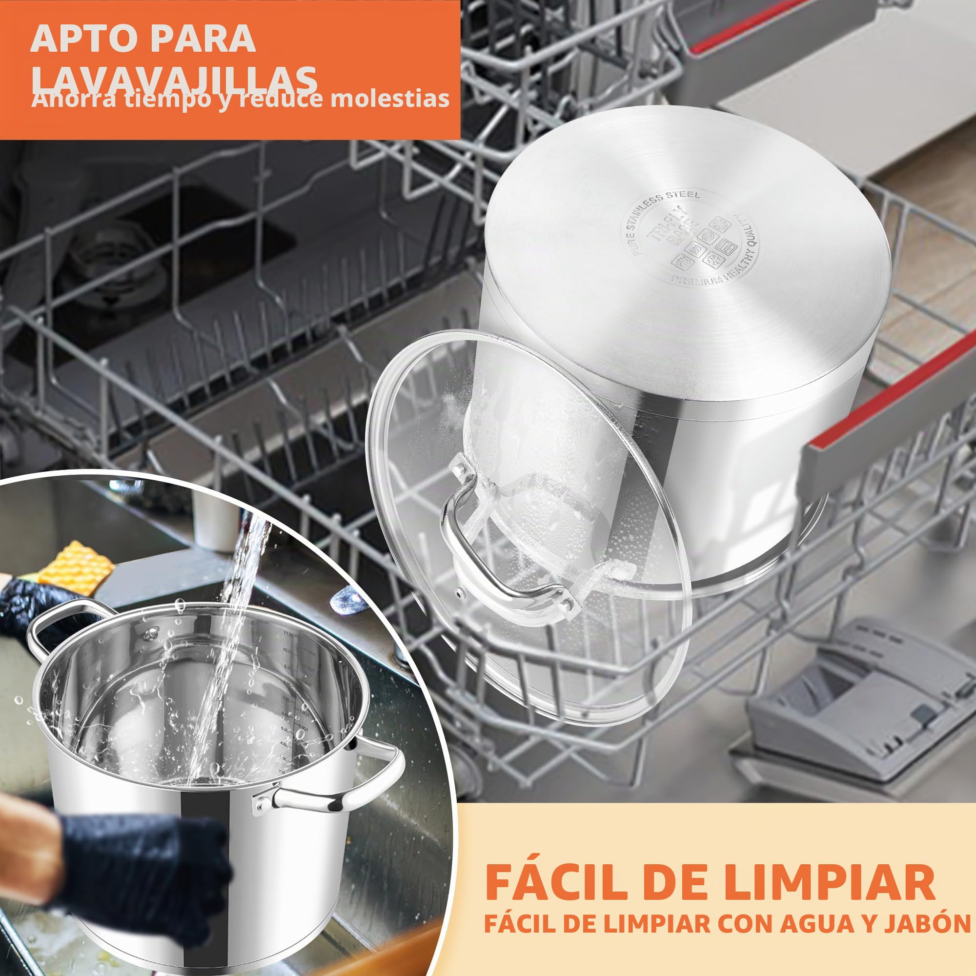 Joyfair Olla grande de acero inoxidable de 9,5 litros, para inducción con tapa de cristal, 3 capas, base estable, para todo tipo de cocinas, olla para pasta de para cocinar, grandes