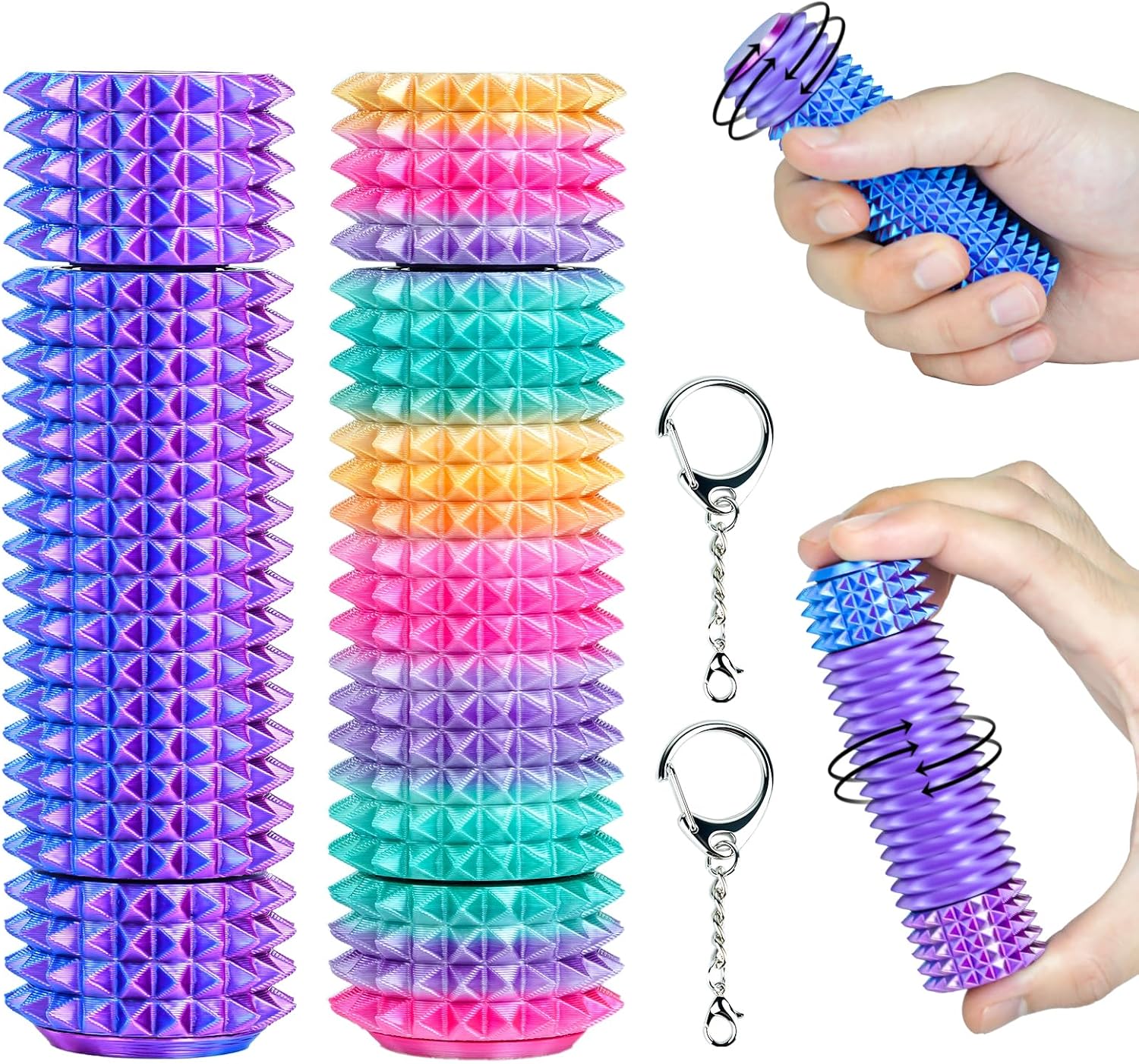 Pain Stim Fidget Toy — Rotatable Spiky Keychain,Little Spiky Ouchies Style,3D Printed Sensory Tool for Anxiety,Stocking Stuffer Gifts for Teens & Adults(Rainbow+Purple Blue Yellow)