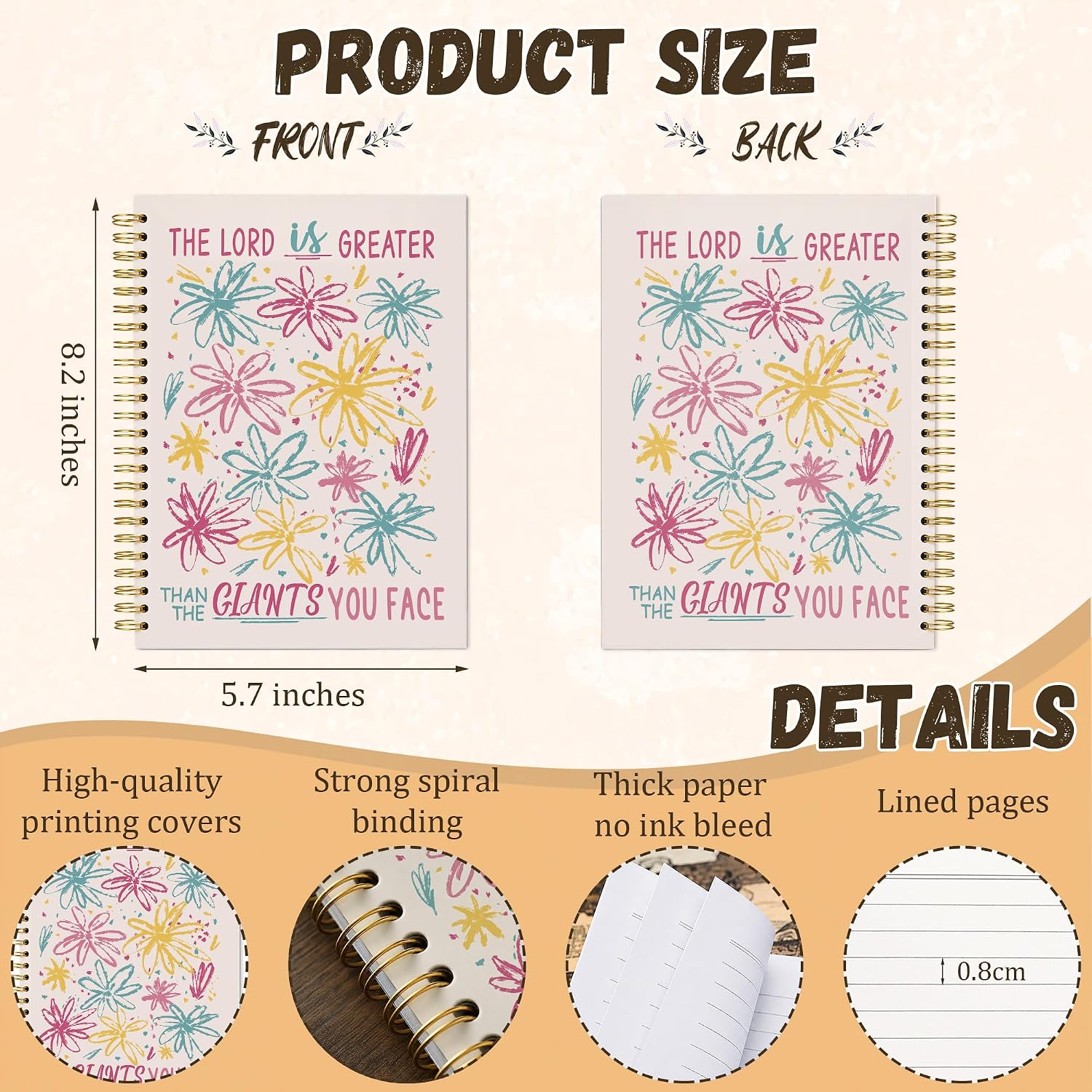 YEBFC Bible Christian Journal, Minimalist Floral Notebooks For Women Teen Girls Gifts, 5.7"×8.2" The Lord Is Greater Cute Spiral Hardcover Notebook, Church Preppy Office Supplies (A28) image 2