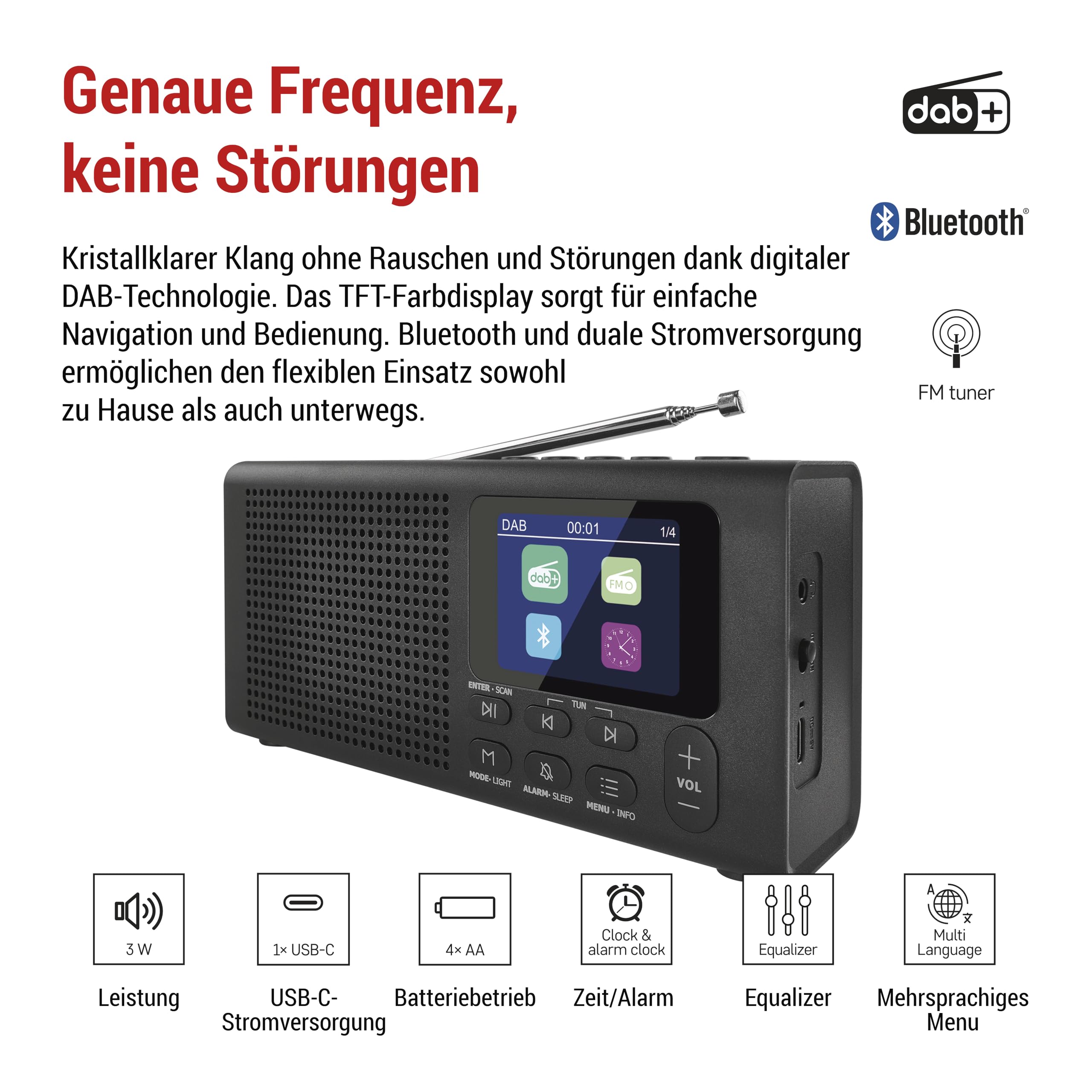 EMOS - Radio DAB + Bluetooth e doppia alimentazione - Radio digitale portatile con sveglia, Sleeptimer e 40 posizioni - 4 a scelta rapida - Radio da cucina DAB+FM TFT LCD a colori - Nero