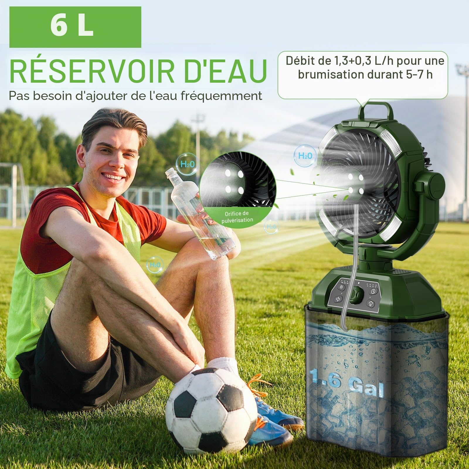 FuBegi Portail d'extérieur pour terrasse, batterie rechargeable de 20 000 mAh, avec seau de 1,6 gal, grande largeur, 4 grandes sorties d'arrosage, pour pêche, voyage, jardin, fête, golf, vert
