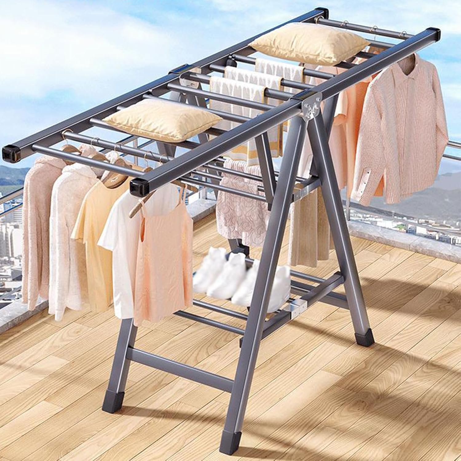 Foldable Freestanding Drying Rack,3 Tier Stainless Steel Laundry Drying Rack with Height Adjustable Wings Freestanding & Movable Clothes Drying Rack for Indoor & Outdoor Use No In-Brown1-180×60cm