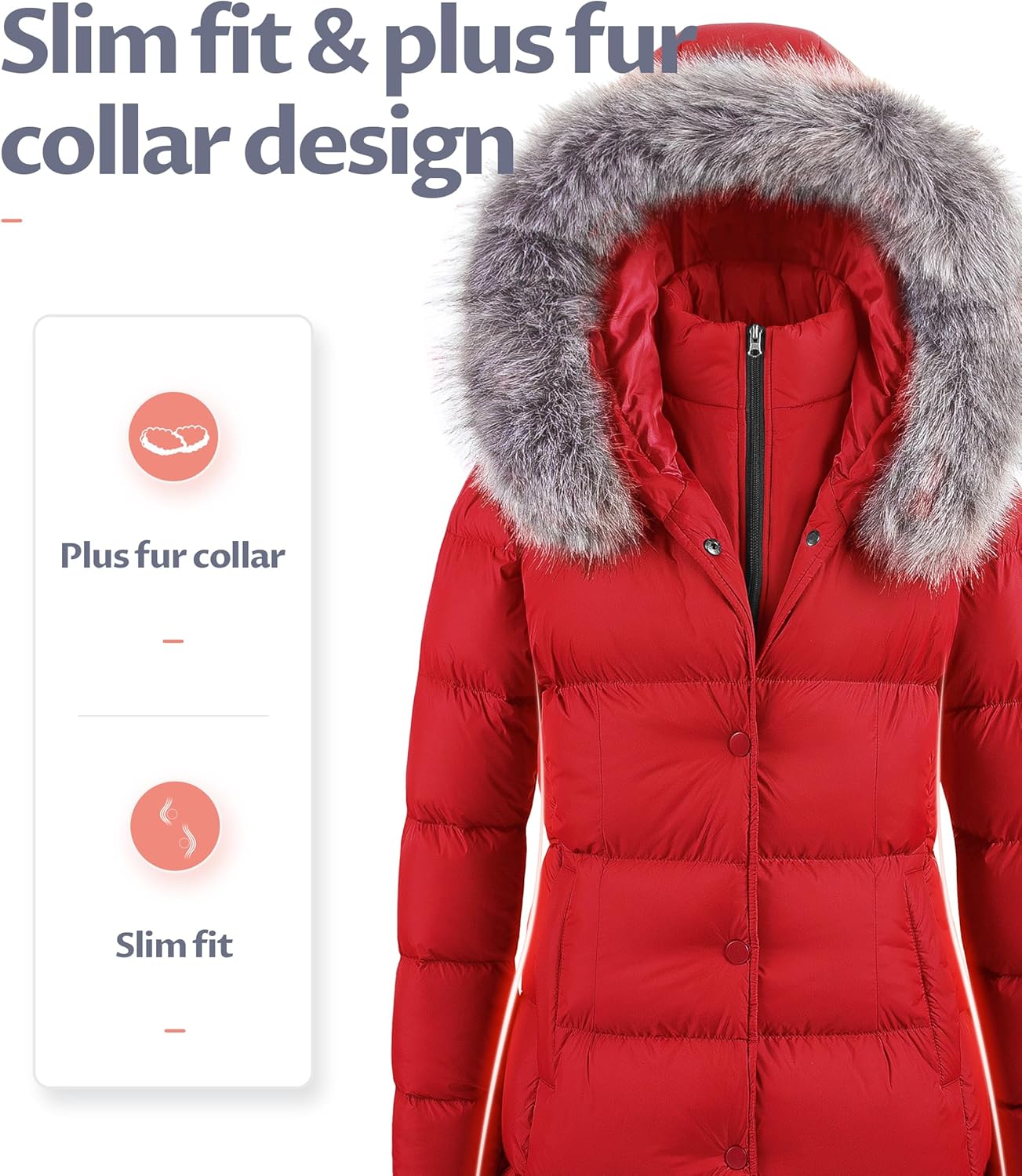 CREATMO US Women's Winter Snow Jacket Long Fur Puffer Coat With Removable Faux Fur Trim - Image 3