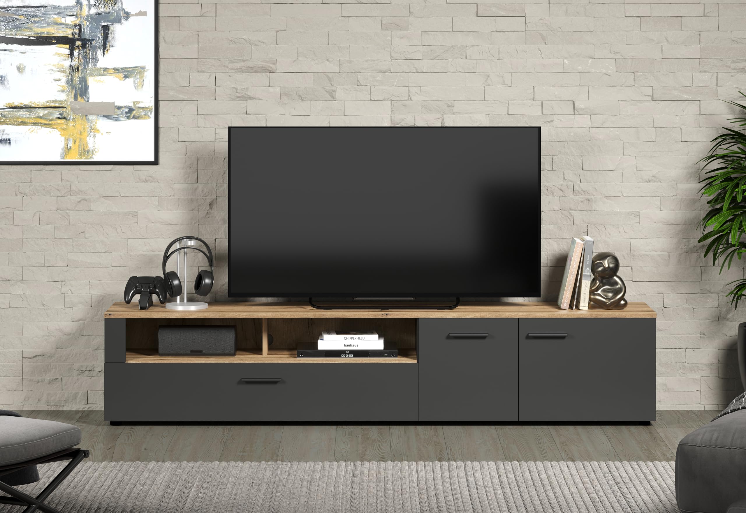 trendteam smart living - Esteban - TV-Schrank - Anthrazit/Evoke Eiche - (BxHxT) 210 x 43 x 41 cm - eleganter Fernsehschrank mit schwarzen Griffen - kratzfest