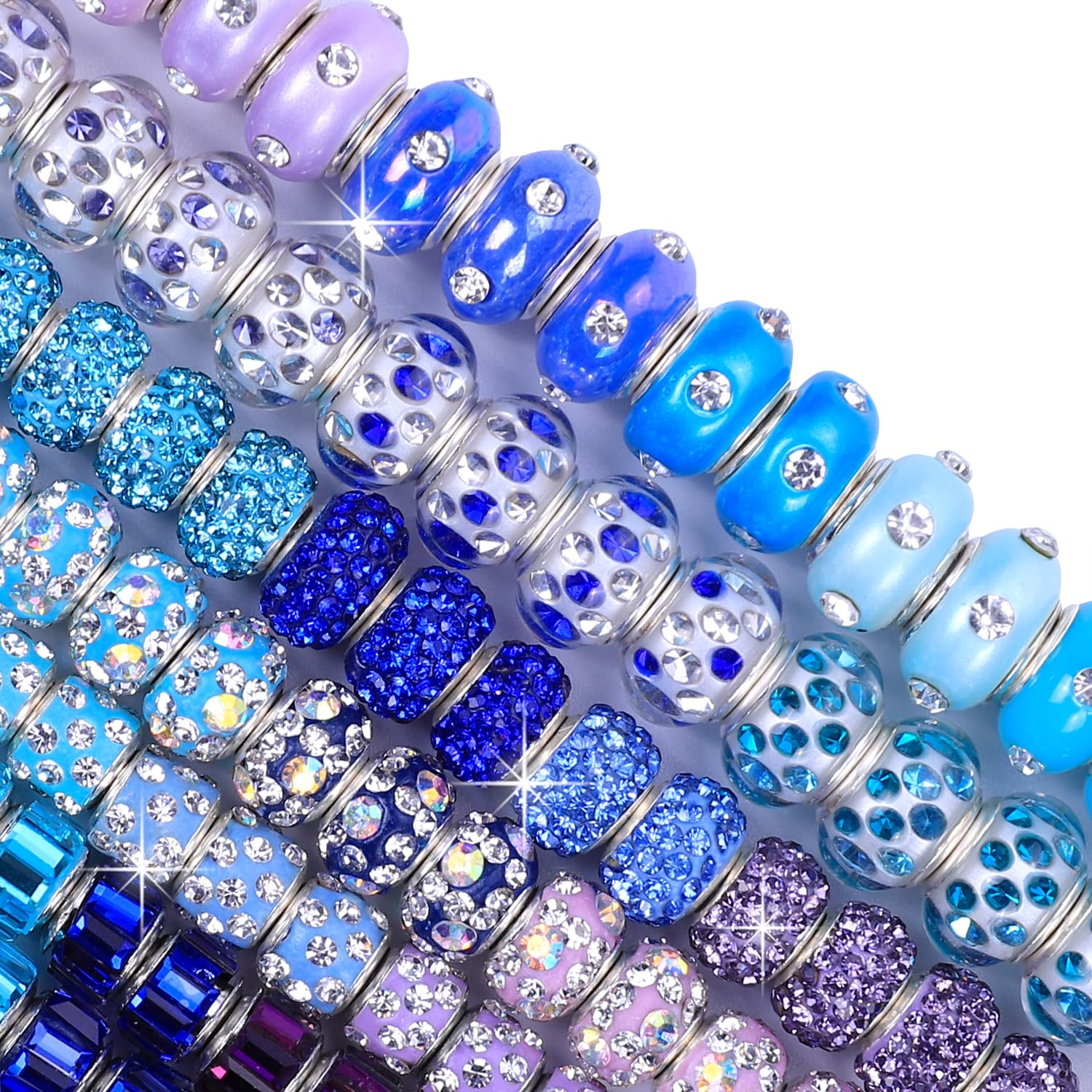 Aipridy 90 Pieces Lucky Beads Lover Pearls and Glass Rhinestones Amber Beads, Large Hole Spacer Beads European Craft Beads fit DIY Charms Bracelet Jewelry Making (Purple-Aqua-Blue)