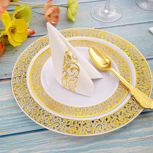 Miniatura 4 de WDF Paquete de 150 servilletas doradas desechables, 3 capas, servilletas de papel blanco y dorado, elegantes servilletas desechables de alta